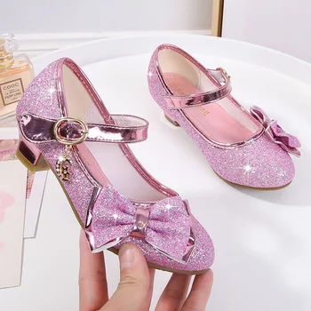 2020 г. Нова детски обувки, принцеса с пеперуда, блестящи кристали, кожени обувки на висок ток за момичета, студентски танцови обувки за деца D538