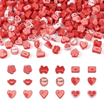 270шт Тема на Деня на Свети Валентин Мъниста от полимерна глина, Червена устна Роза плик Мъниста във формата на сърце Любов за гривни, Обеци, Подарък за бижута
