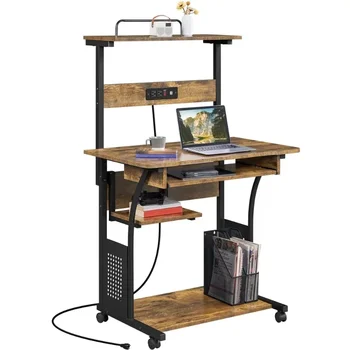 3-различен компютърен маса с зареждащата станция, рафт за принтер за домашния офис, кафяво в селски стил