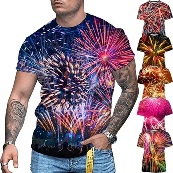 3D Печат Мъжки Цветна Тениска С Фойерверки, Творчески Готини Тениски С Кръгло Деколте И Къс ръкав За Мъже И Жени, Ежедневни Тениски Оверсайз