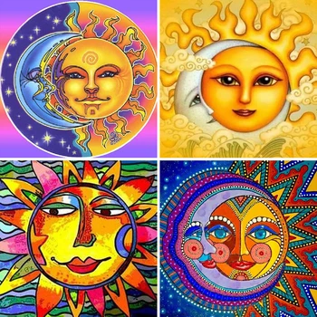5D САМ Диамантена живопис Абстрактен Икона на Слънцето и Луната, Определени за кръстат бод Пълна Квадратна бродерия Мозайка Художествено изображение от кристали