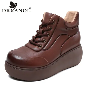 DRKANOL/ 2023, Висококачествени Обувки На платформа От Естествена Кожа, Удобни Дамски Ежедневни Обувки са Ръчно изработени в Ретро стил На Танкетке и Ток, Увеличаване на Височината