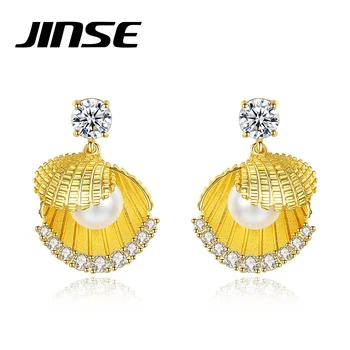 JINSE Елегантни дамски обици капка във формата на морска мида, златен цвят, кубичен цирконий, бяла култивирани перли, бижута