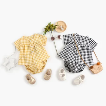 Sanlutoz Комплекти дрехи за новородени момичета памучен детски дрехи Летни детски потник + шорти 2 бр. в клетка с къс ръкав