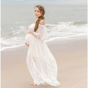 Бели / черни Летни дантелени рокли за бременни в стил бохо рокля за фотография на бременни с деколте лодка, ежедневна дълга рокля за бременни 2023