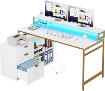 Г-образно бюро с чекмеджета, 55-инчов Компютърен маса, Ъглово бюро с Изходи за захранване и Led Подсветка, Голям Г-образен Офис бюро