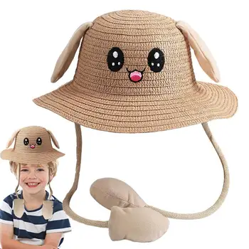 Дизайн сламени шапки с подвижни уши, летни шапки, козирка, Скъпа мультяшная Плажна шапка, Летни аксесоари за къпане на момичета и момчета на открито