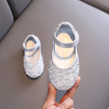 Есен Нова Детска Танцови обувки с Квадратна Уста И Водно диамантен пръстен За момичета, Модни Обувки Принцеса Подметка