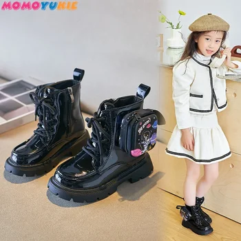 Есен нова детски обувки на платформа с мека, противоплъзгаща подметка, бебешки обувки, модерни обувки за момичета от лачена кожа, ботильоны с цип