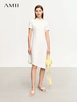 Женствена рокля AMII Minimalism в китайски стил 2023, Лятно, с отложным яка, Тънка, офис, женски, черно, однотонное, Vestidos 12322135