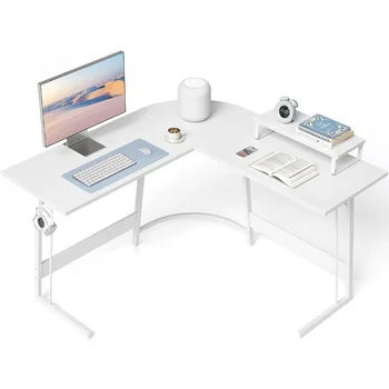 Игрална маса L-образна форма, компютърна офис маса, ъглово бюро с голям стойка за монитор за вашия офис, работно място за обучение, бял