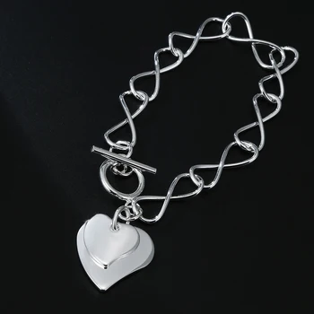 Изискани нови гривни от сребро проба 925 с отложено във формата на двойно сърце за жени Модни вечерни сватбени аксесоари, Бижута, подаръци