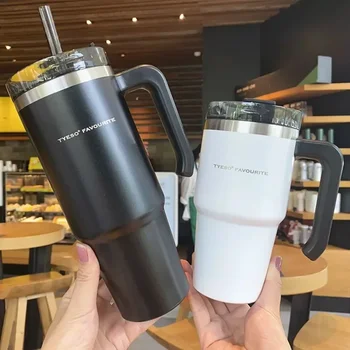 Кафеена чаша от неръждаема стомана с обем 600/890 мл, пътна термокружка с соломинкой, Преносима Вакуумна колба, термос, чаша за вода, чаша Самозалепваща