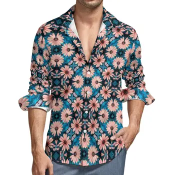 Кафява риза с лайка, мъжки ежедневни ризи в стил ретро с флорални принтом, есенни блузи с забавен принтом, Реколта дрехи Оверсайз с дълъг ръкав, подарък