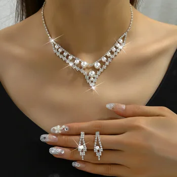 комплект женски накити от 3шт, комплект обици с кристали и перлата на огърлица, дамски бальная бижута