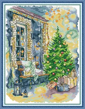 Комплект за бродерия на кръстат бод Joy Неделя с предварително отпечатан Лесно Pattern Aida, Комплект за бродиране от тисненой тъкан-Коледно дърво пред прозореца