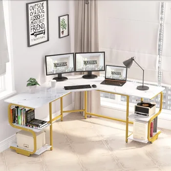 Компютърна маса Модерен L-образно бюро с рафтове Ъглово бюро с голямо бюро За офис, офис мебели