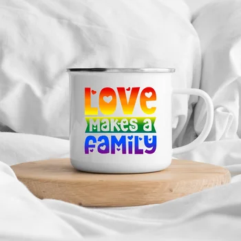 Любовта създава семейство, эмалированная чаша, чаши с бяла дръжка, кафе, чай, Эмалированная чаша напитка, сок, вода, десерт, какао, мляко, чаша с дръжка