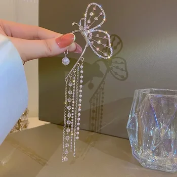 Нова Мода Crystal Butterfly Клип На С Перлена Топчета Ушна Маншет Дълги Пискюли Чар Кухи Обеци За Жени, Бижута, Подаръци