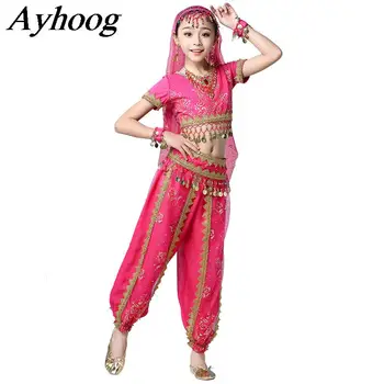 Нови детски костюми за танци в Индия, комплект с топ и панталони, дрехи за танци в Боливуд, Облекла за танци в Египет, дрехи за изяви на сцената за момичета
