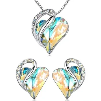 НОВИ модни Сребърни обеци-карамфил с кристали Love Heart, медальон, огърлица, комплект Бижута с камък рожден ден, Подаръци за жени