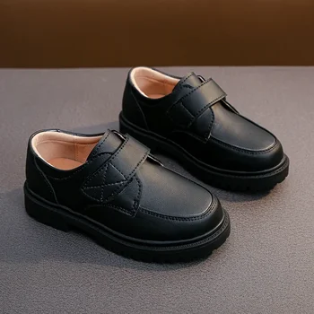 Пролет-есен кожени обувки за момчета, черно, модерни детски обувки с мека подметка, ежедневни училищни обувки на куки