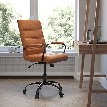 Работно стол със средна облегалка - кафяви офис стол LeatherSoft за мениджъри с черна рамка - стол с превръщането подлакътник