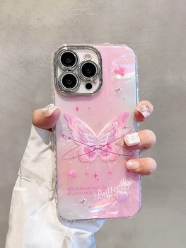 Розова Пеперуда Брилянтна Задна капачка на обектива на камерата с шарките на мивки Калъф за телефон iPhone 15 Pro Max 14 13 12 11 15 Plus