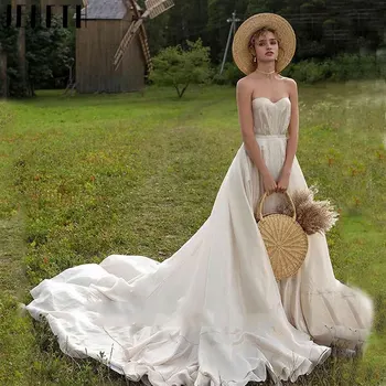 Сватбени рокли JEHETH Romantic с пищни ръкави и деколте във формата на сърце, прости сватбени рокли с волани трапецовидна форма, сватбена рокля с отворен гръб 2024