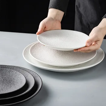 Скандинавска черни керамични ретро чиния пържола, мат ресторант чинии за западна кухня, обикновена кръгла с Дълбока чиния, чиния за салата