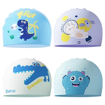 Скъпа мультяшная силиконова шапка за плуване за деца, водоустойчив еластичната шапка за басейна за момичета, бански шапки за дълги и къси коси