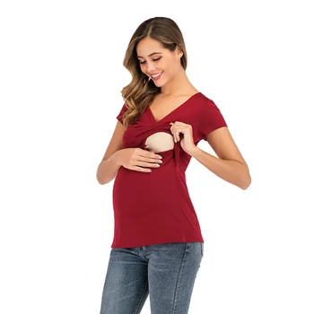 Тениска с къси ръкави и V-образно деколте, однотонная дрехи за хранене, ежедневни облекла за хранене на бременни жени, летни блузи за бременни